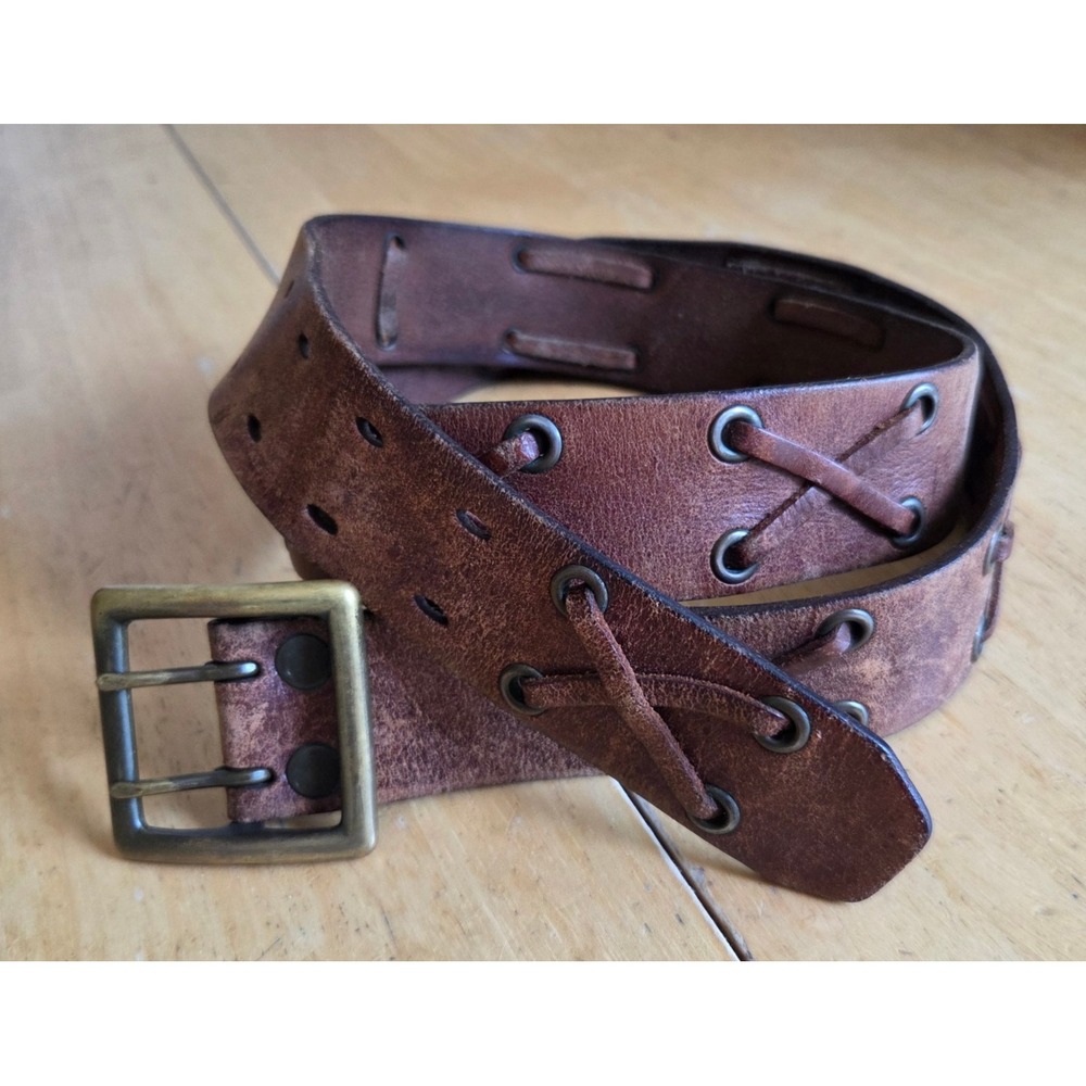 Vintage American Eagle Womens Distressed Leather Laced Belt Y2K Grunge Brass L